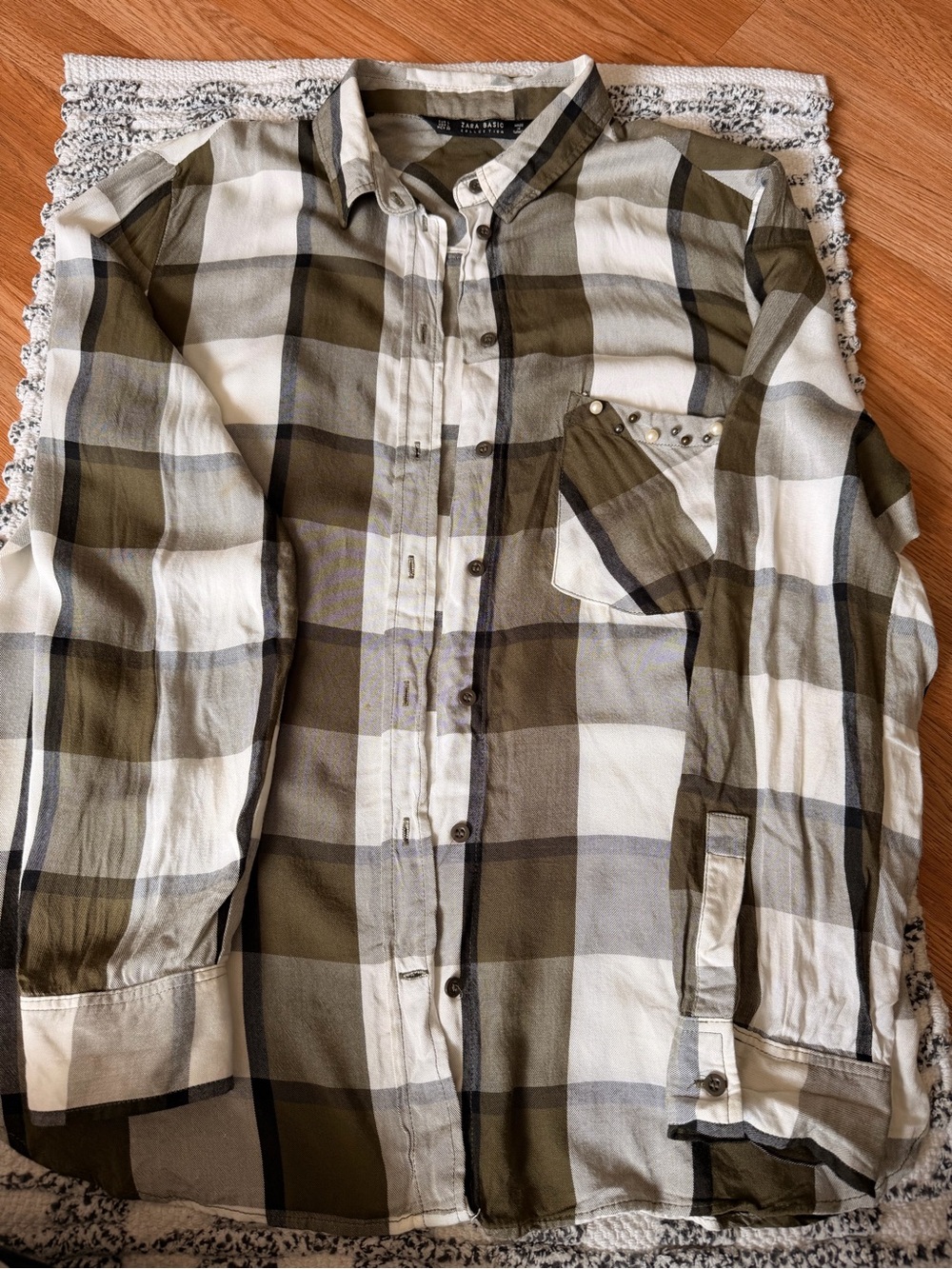 Zara basic Olive Green and White Plaid Button-Down Shirt
